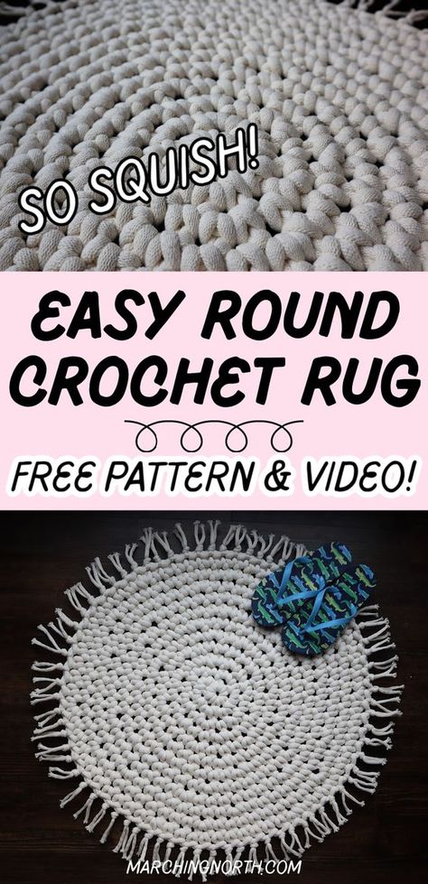 Learn how to make this easy round crochet rug with this free pattern and video tutorial! You can make your own beautiful DIY home decor that looks super high end. This rug only takes a couple of hours to make because of the extra bulky yarn. The texture is amazing and it feels so good on your bare feet! | fall crochet | free crochet patterns | crochet rug patterns | super bulky crochet | chunky crochet patterns | bobbiny crochet | boho crochet Bobbiny Crochet, Easy Crochet Rug Patterns, Round Crochet Rug, Chunky Yarn Crochet Pattern, Crochet Rug Pattern, Crochet School, Bulky Crochet, Crochet Bathroom, Crochet Rug Patterns Free