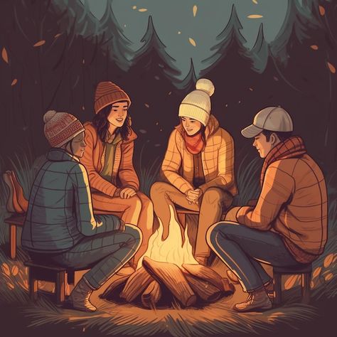 Camping Drawing Reference, Camping Fire Drawing, Sitting Around A Campfire Drawing, Campfire Drawing Reference, Friends Around A Campfire, Camping Inktober, People Sitting Around Campfire, People Around Campfire, Camping Drawing Illustrations