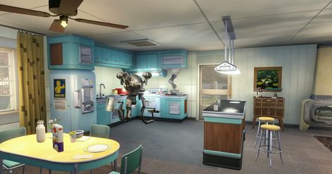 Fallout 4 Interior Design, Fallout 4 House Ideas, Fallout Home Decor, Fallout Interior, Fallout Furniture, Fallout Kitchen, Fallout House, Fallout Room, The House Of Tomorrow