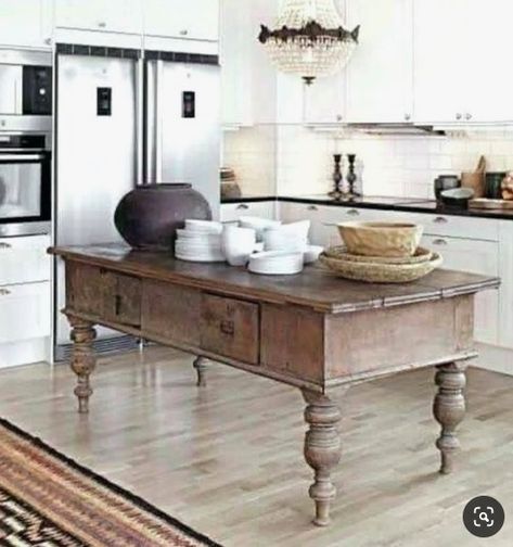 Rustic Kitchen Island Ideas, Country Kitchen Island, Table Kitchen Island, Rustic Kitchen Island, Kitchen Design Color, French Country Kitchens, Kitchen Island Table, Farmhouse Kitchen Island, Kitchen Island Decor