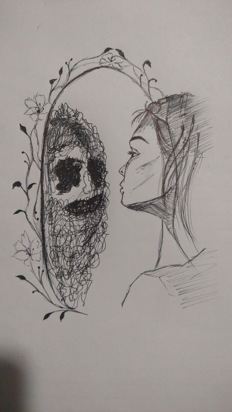 Sketch , pen Sketch, black and white, drawing Doodles Related To Mental Health, Surreal Sketch Ideas, Imaginary World Drawing Easy, Art Psychology Drawing, Sketch Ideas Deep Meaning, Drawings With Dark Meanings, Deep Meaning Dark Art, Split Personality Art, Disorder Sketch Ideas