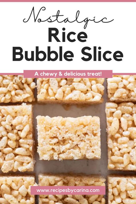 Rice Bubble Slice is a classic nostalgic cereal recipe that takes minutes to make. Sweet, chewy and slightly crunchy, it’s a delicious treat! Rice Bubble Recipes, Rice Bubble Slice, Honey Rice, Rice Pops, Lolly Cake, Chocolate Crackles, Rice Bubbles, Slice Recipe, Easy Rice