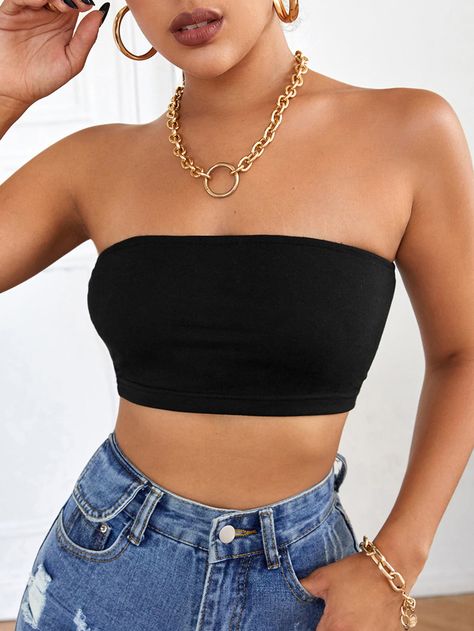 Black Tube Outfit, Bandeau Top Outfits, Bandeau Outfit, Black Bandeau Top, Tube Top Outfits, Top Summer Outfits, Black Tube Top, Bandeau Tops, Bandeau Crop Top