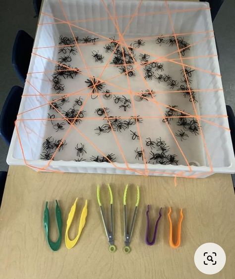 Spider Web Sensory Bin, Insect Fine Motor Toddler, Preschool Room Activities, Spider Web Fine Motor Activity, Halloween Theme Games For Kids, Spider Web Activities For Preschool, Bat Sensory Activities, Spider Dramatic Play Preschool, Nocturnal Animals Fine Motor Activities