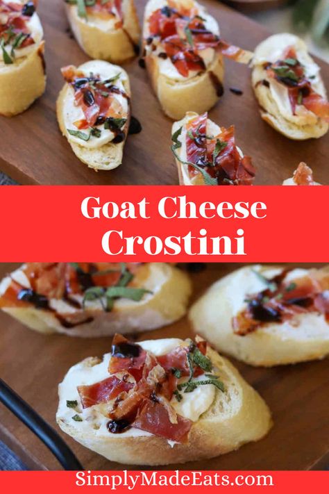 Crostini topped with whipped goat cheese and crispy prosciutto. Appetizer Crostini, Prosciutto Crostini, Prosciutto Appetizer, Quick Appetizer Recipes, Bruschetta Appetizer, Cheese Crostini, Prosciutto Recipes, Best Appetizer, Goat Cheese Crostini