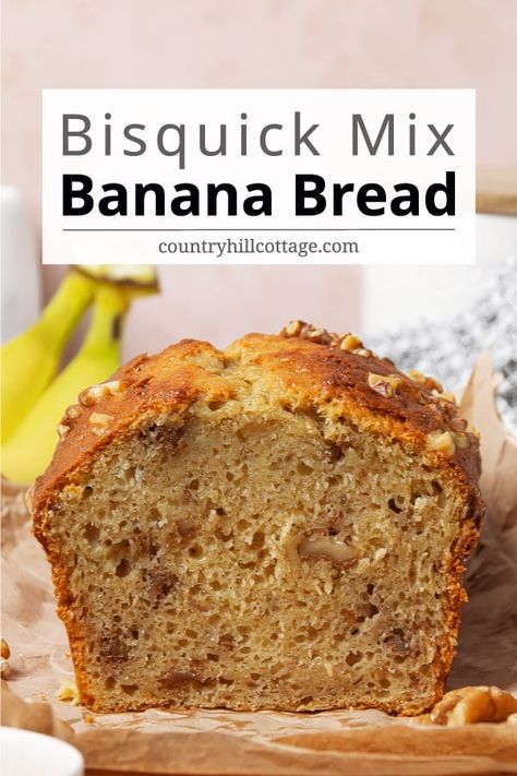 Made with Bisquick mix and overripe bananas, this is the best fluffy Bisquick banana bread recipe! It’s so sweet, moist, and flavorful that you’ll want a slice for breakfast every morning, a quick snack and lunch box food. The recipe is easy to make and can even be converted into muffins. All you need to prepare this tasty treat is a bowl, a loaf pan, and a few simple ingredients. Customize it with walnuts, pecans, chocolate chips, cranberries, blueberries and spices. | CountryHillCottage.com Banana Bread Recipe Bisquick, Banana Bread With Bisquick Easy Recipes, Bisquick Recipes Banana Bread, Bisquick Banana Bread Recipe Easy, Bus Quick Banana Bread, Banana Bread Pancake Mix Recipe, Jiffy Mix Banana Bread Recipe, Bisquick Banana Bread Recipe, Jiffy Banana Bread Recipe