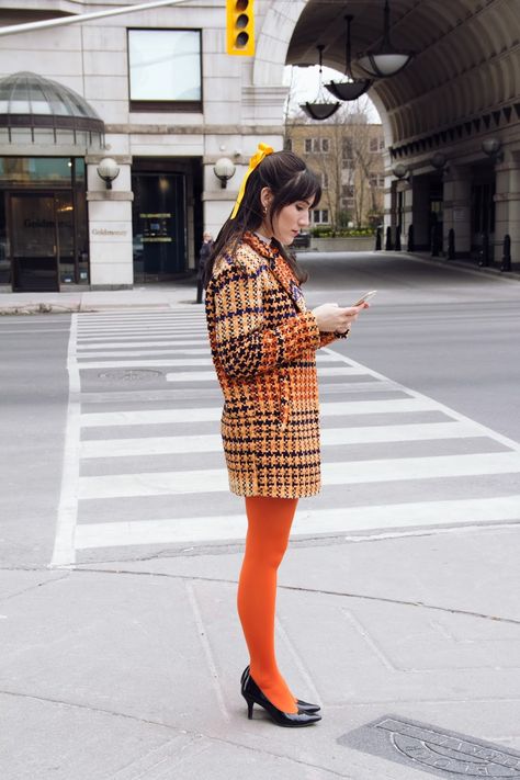 Geek Chic Outfits, Orange Tights, Yellow Tights, Colored Tights Outfit, Tights Outfits, Orange Coat, Red Tights, Toronto Fashion, Colored Tights