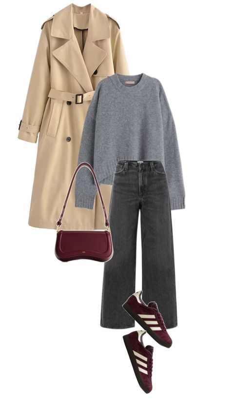 Adidas Gazelle Outfit. Burgundy Adidas Gazelle. Fall Outfit. Trench coat outfit. Minimalistic fall outfit. Trendy fall outfit. Gazelle Outfit, Burgundy Adidas, Adidas Gazelle Outfit, Outfit Trench, Trench Coat Outfit, Coat Outfit, Trendy Fall Outfits, Trendy Fall, Coat Outfits