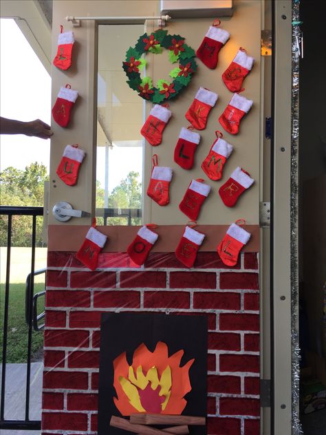 Holiday classroom door Chimney Classroom Door, Chimney Classroom Decoration, Chimney Door Decoration, Fireplace Door Decoration Christmas, Fireplace Classroom Door, Holiday Classroom Doors, Door Decorations Classroom Christmas, Christmas Door Decorating Contest, Christmas Classroom Door