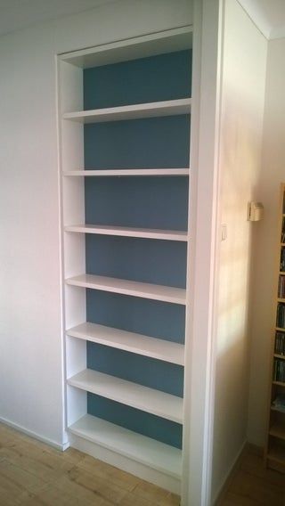 Built-in Bookshelf : 10 Steps (with Pictures) - Instructables Hall Closet Bookcase, Closets Into Bookshelves, Bookshelf Built Into Wall, Build In Wall Shelves, Recessed Bookcase In Wall, Shelves In Recessed Wall, Built In Shelves Around Doorway, Diy Built In Wall Shelves, Bookshelf In The Wall