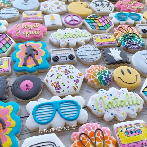 60s Theme Cookies, Neon Royal Icing Cookies, 70s Theme Dessert, Disco Birthday Cookies, 70s Cookies, 80s Cookies, 90s Themed Birthday, 90th Birthday Party Theme, 60th Birthday Cupcakes