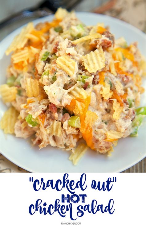 "Cracked Out" Hot Chicken Salad - baked chicken salad loaded with cheddar, bacon and ranch! Chicken, mayonnaise, celery, lemon juice, cheddar cheese, worcestershire, bacon, ranch dressing mix, potato chips. SOOO good! Can make ahead of time and refrigerate until ready to serve. Great for a quick brunch, lunch or dinner. Baked Chicken Salad, Chicken Mayonnaise, Hot Chicken Salad, Hot Chicken Salads, Quick Brunch, Cracked Out, Queso Cheddar, Ranch Dressing Mix, Ranch Chicken