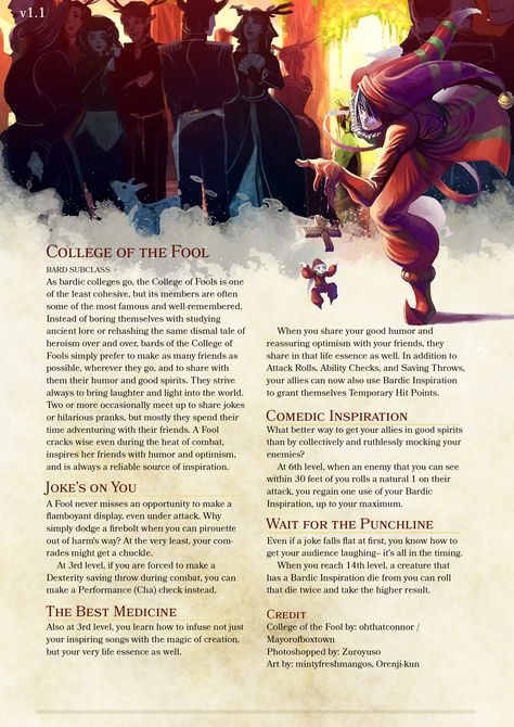 Bard Subclass: College of the Fool Homebrew Classes, Dnd Bard, Dnd Stats, D D Classes, Dnd Stories, Dnd Homebrew, Dnd Campaign, Bard College, Dnd Classes