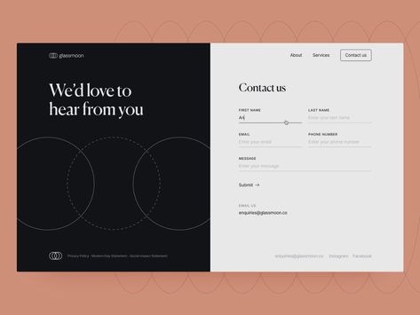 Glassmoon — Contact Page by Lisa Cosme for Significa on Dribbble Form Design Web, Contact Us Page Design, 블로그 디자인, Cool Contacts, Fashion Web Design, Website Design Inspiration Layout, Creative Website Design, Graphic Design Website, Sign Up Page