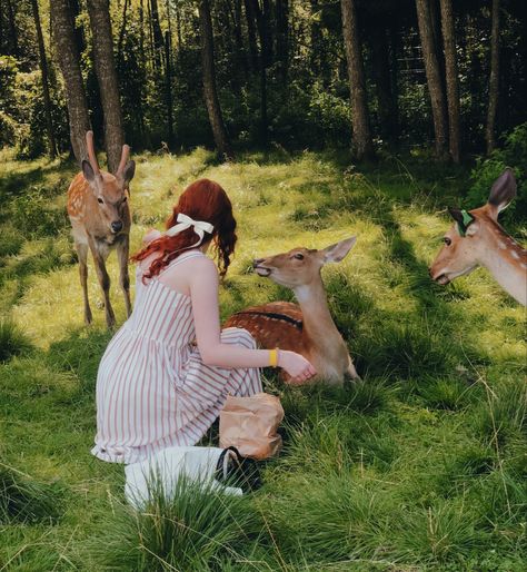 Girl With Animals Aesthetic, Animal Girl Aesthetic, Wild Girl Aesthetic, Wild Woman Aesthetic, Animal Goddess, Girl With Animals, Cottage Core Girl, Feeding Animals, Red Hair Girl