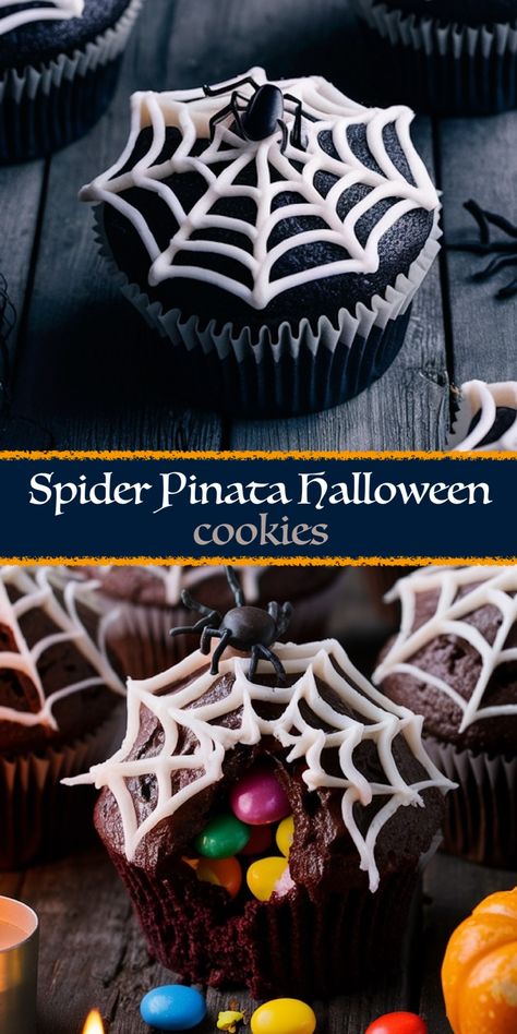 Spider Piñata Halloween Cupcakes: A Spooky Surprise Inside Piñata Halloween, Pinata Cupcakes, Halloween Pinata, White Food Coloring, Cherry Dump Cake, Peach Dump Cake, Dump Cake Pumpkin, Black Fondant, Edible Pearls