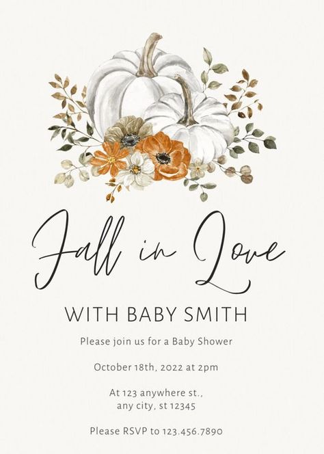 Fall Themed Invitations, Fall In Love Baby Shower Invitations, November Baby Shower Themes Girl, Fall In Love With Baby Shower Theme, Falling In Love With Baby Shower Theme, Falling In Love Baby Shower Theme, Fall Theme Baby Shower Ideas, Fall Baby Shower Ideas Girl, Fall In Love Baby Shower Theme