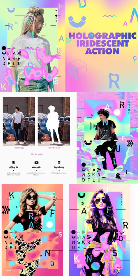 Holographic Iridescent Photoshop Action. Features:1800px and 3600px height image output, Holographic Branding, Holographic Art, Iridescent Design, Gradient Image, Holographic Design, Holographic Iridescent, Photoshop Presets, Add Design, Pop Art Illustration