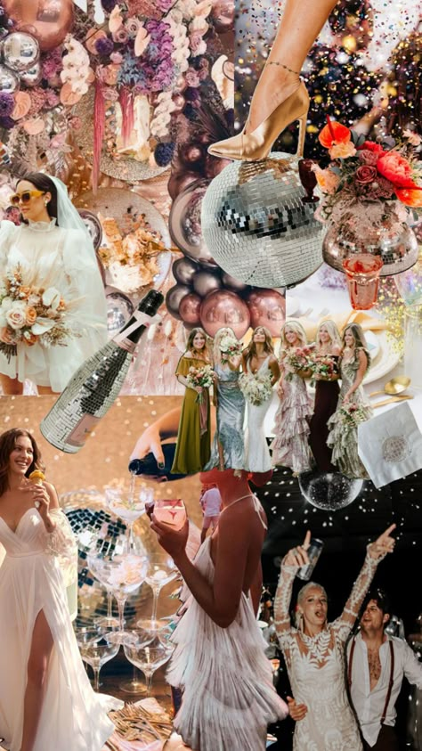 Disco Wedding Extravaganza Sparkles on Sparkles Bright Color Bride Disco Party Aesthetic, Married In Vegas, Disco Wedding, Disco Theme, Cowboy Wedding, Sparkle Wedding, Wedding Guest Looks, Retro Wedding, Wedding Mood Board