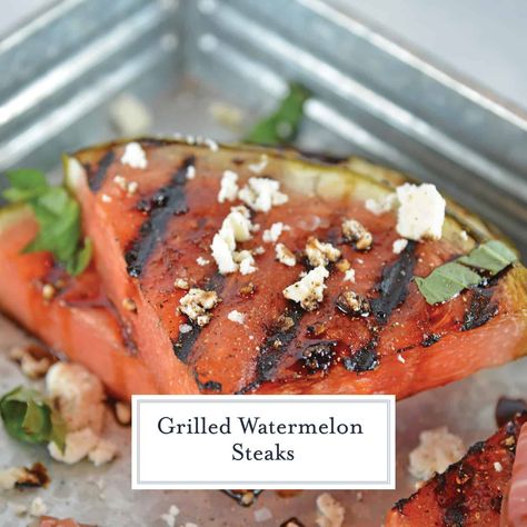 Grilled Watermelon Steaks How to Grill Watermelon - Grilled Watermelon Steaks with balsamic reduction and feta cheese are an easy BBQ side dish. Caramelized watermelon with cheese and reduction is delicious! #grilledwatermelonsteaks #sidedishes Hamburger Side Dishes, Easy Bbq Side Dishes, Watermelon Recipe, Bbq Side Dish, Grilled Watermelon, Bbq Side, Savory Cheese, Juicy Watermelon, Grilled Fruit