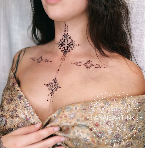 Tattoo ornamental on chest and throat , feminine , fine line work Ornamental Throat Tattoo, Fine Line Chest Tattoo, Ornamental Tattoo Chest, Fine Line Ornamental Tattoo, Ornamental Neck Tattoo, Ornamental Chest Tattoo, Ornaments Tattoo, Straight Line Tattoo, Flash Ideas