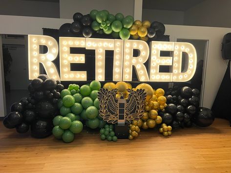 Black Tie Retirement Party, Retirement Party Stage Decoration, Air Force Retirement Centerpiece, Border Patrol Retirement Party Ideas, Retirement Party For Men Decoration, Formal Retirement Party Ideas, Army Retirement Ceremony, Retirement Reception Decorations, Retirement Party Table Decor