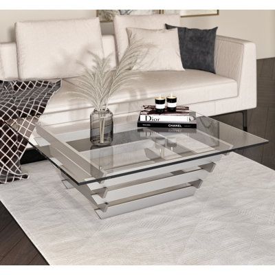 White Coffee Table Glass, Clear Glass Coffee Table, Chrome Glass Coffee Table, Table Decorations For Home Living Room, Glass Table Decor Living Rooms, Glass Coffee Table Decor Living Room, Glass Center Table Living Room, Rectangle Coffee Table Styling, Glass Coffee Table Styling