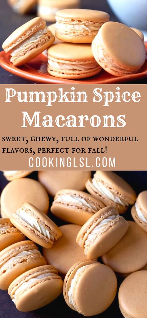 Pumpkin Spice Macarons, Pie Macarons, French Macaroon Recipes, Macaron Recipes, Macarons Recipe, Pumpkin Spice Cheesecake, Seasonal Baking, Macaroon Cookies, Macaron Flavors