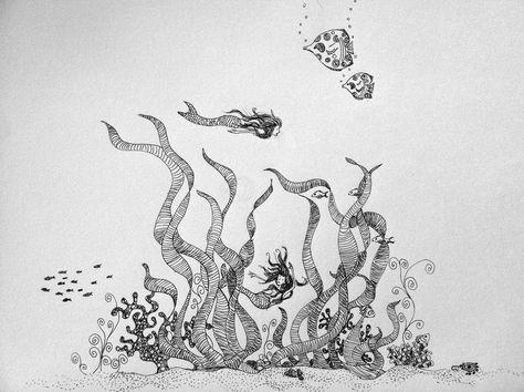 Drawing Underwater, Ocean Theme Tattoos, Underwater Tattoo, Underwater Drawing, Koi Fish Drawing, Ocean Drawing, Sea Drawing, Life Sketch, Ocean Tattoos