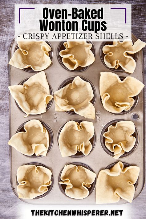 Elevate your appetizer game with crispy baked wonton wrapper cups! Add your favorite fillings for a crowd-pleasing bite of deliciousness! Crispy Baked Wonton Cups: Easy Appetizer For Any Occasion, baked wonton wrappers, crispy appetizer cups, things to make with wonton wrappers, crab rangoons Chicken Wonton Cups Appetizers, Baked Wonton Wrapper Recipes Appetizers, Wonton Chips Baked, Wonton Wrapper Ideas, Wonton Wrapper Recipes Dessert, Easy Wonton Recipes, Wonton Filling Recipes, Wonton Wrapper Recipes Appetizers, Wonton Appetizer Recipes