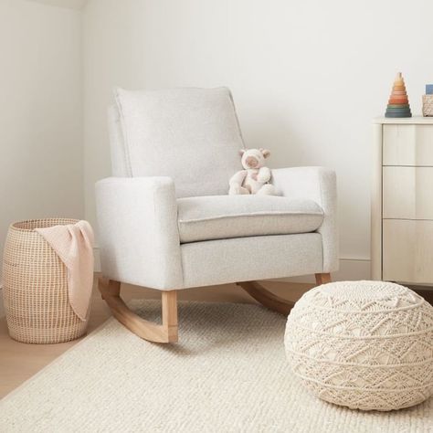 West Elm Baby, Nursery With Rocking Chair, West Elm Nursery, Boho Rocking Chair, Nursery Chair Ideas, Nursery Sofa, Baby Rocker Chair, Nursery Glider Rocker, Guess Room