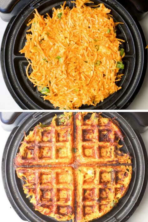 Savoury Waffles Shown in Waffle Machine Before and After Cooking Waffle Recipe Dinner, Healthy Veggie Waffles, Easy Savory Waffle Recipe, Savoury Waffle Recipe Easy, Savoury Waffles Dinners, Savoury Waffles Breakfast, Savoury Waffles Recipe, Savoury Waffle Recipe, Vegetable Waffles