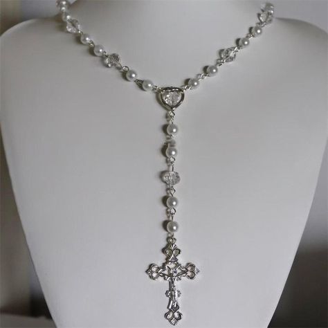 Victoria Handmade Pearl Necklace Imitation White Crystal Beads Pearl Rosary Style Long Necklace Adjustable Gothic Cross Rosary Inspired Necklace, Long Cross Necklace, Pearl Cross Necklace, Handmade Pearl Necklace, Goth Necklace, Gothic Cross, Pearl Rosary, Handmade Beaded Necklaces, Party Necklace