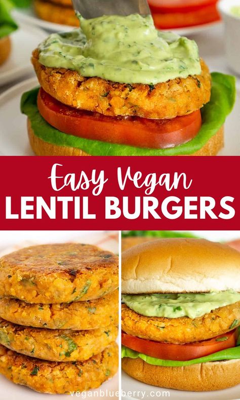 Vegan lentil burgers with red lentils and oats with avocado sauce. Orange Lentil Recipes, Lentil Burgers Vegan, Vegan Avocado Sauce, Lentil Burger Recipe, Green Lentil Recipes, Lentil Veggie Burger, Vegan Lentil Burger, Burgers With Avocado, Lentil Patties