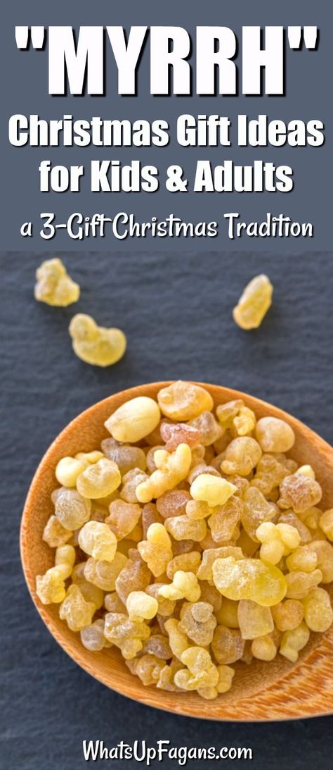 gold frankincense and myrrh Christmas gifts | 3 gift Christmas tradition rule - Give presents based on the Wise Men Gifts to Jesus #Christmas #Christmasgifts #holidays #giftideas #holidaygift 3 Wise Men Gifts, Wise Men Gifts, Gold Frankincense And Myrrh, Christmas Gift Ideas For Kids, The Wise Men, Frankincense And Myrrh, Gift Ideas For Kids, Christmas Bible, Jesus Christmas