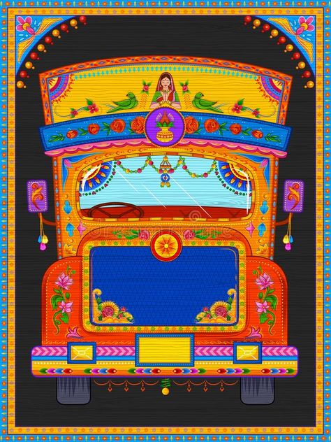 Indian Truck Art Illustrations, Truck Art Illustration, Punjab Illustration Art, Indian Truck Art Design, Gujarat Illustration, Truck Art Motifs, Truck Art Painting, Truck Art Designs, Truck Design Ideas