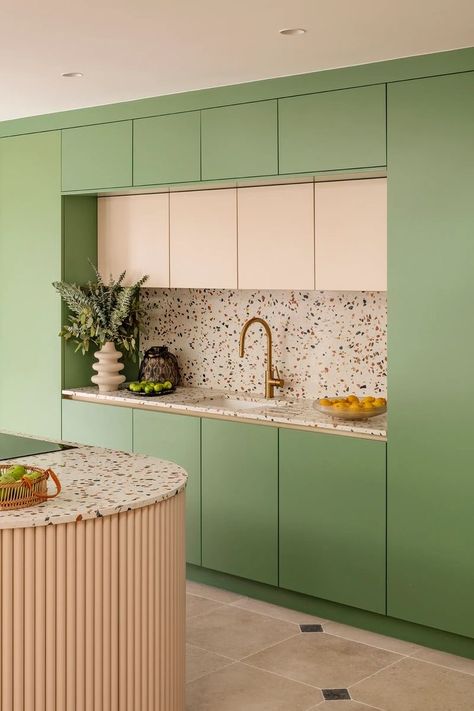 Postmodern Kitchen, Pop Of Color Kitchen, Terrazzo Kitchen Countertops, Terrazzo Kitchen, Green Kitchen Designs, Colorful Terrazzo, Wall Cupboards, Pastel Kitchen, Hidden Kitchen