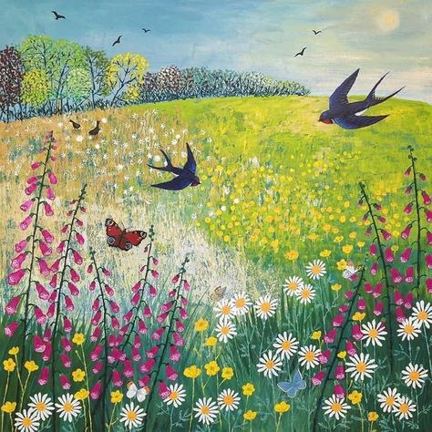 Limited Edition Giclee, Swallows, Naive Art, Arte Popular, English Countryside, Mixed Media Painting, Art Classes, Painting Inspiration, Landscape Art