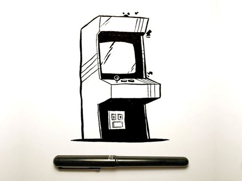 Arcade cabinet ink sketch by Jetpacks and Rollerskates Computer Tattoo, Gamer Tattoos, Nerd Tattoo, Retro Arcade Games, Arcade Game Machines, Camera Tattoo, Retro Tattoos, American Graffiti, Arcade Cabinet