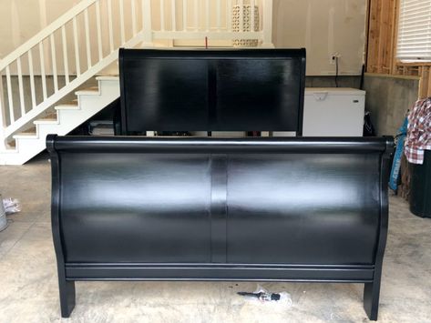 Black Sleigh Bed Farmhouse, Painting Wood Bed Frame Black, Black Stain Bedroom Furniture, Painting A Sleigh Bed, Slay Bed Makeover Bedroom Ideas, How To Paint A Bed Frame, Sleigh Bed Makeover Before And After, Cherry Sleigh Bed Makeover, Sleigh Headboard Makeover