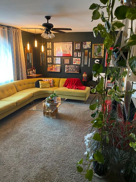 Moody, '70s Style Home Tour Photos | Apartment Therapy 70s Style Home, 70s Living Room, Townhouse Interior, Sectional Sofas Living Room, 70s Home, Aesthetic Living Room, Living Room Goals, More Is More, Three Dogs