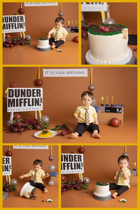 The Office themed cake smash with Baby Dwight first birthday decorations The Office Nursery, The Office Smash Cake, The Office Nursery Theme, The Office 1st Birthday Party, The Office First Birthday, Oneder Mifflin Birthday, The Office First Birthday Party, Office Themed Baby Shower Ideas, Funny 1st Birthday Theme