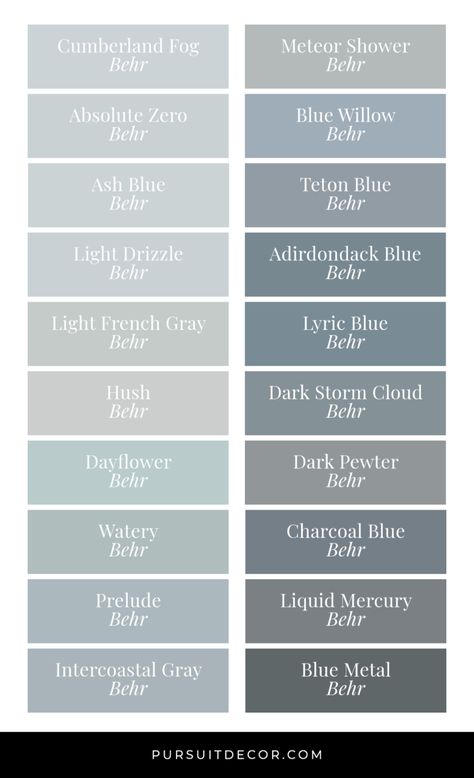 Best Behr Blue Gray Paint Colors for Cool Calming Vibes - Pursuit Decor Prelude Behr Paint, Drizzle Behr Paint Color, Behr French Gray, Beachy Blue Paint Colors Behr, Light French Grey Behr, Cumberland Fog Behr Paint, Behr Drizzle Paint Color, Behr Ash Blue, Ash Blue Color Palette