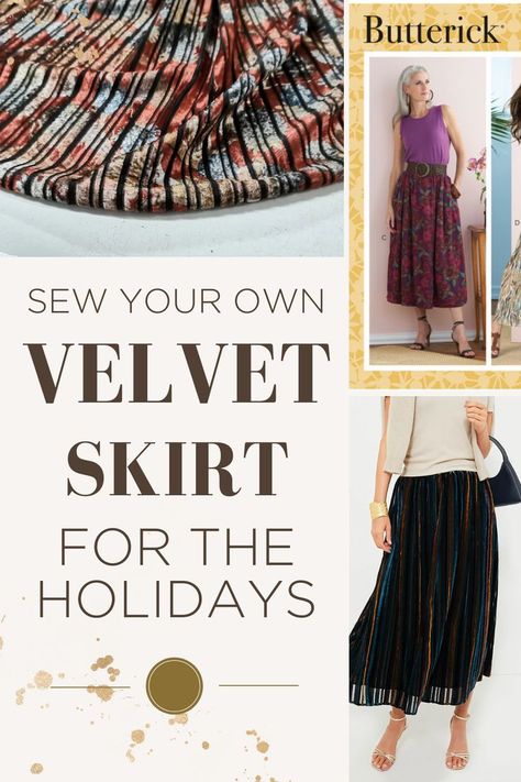 Here's all the inforamtion you need to recreate this beautiful, velvet skirt including pattern and fabric suggestions! Velvet Skirt, Sewing Inspiration, Midi Skirt, Ready To Wear, Velvet, Holidays, Sewing, Skirt, Pattern