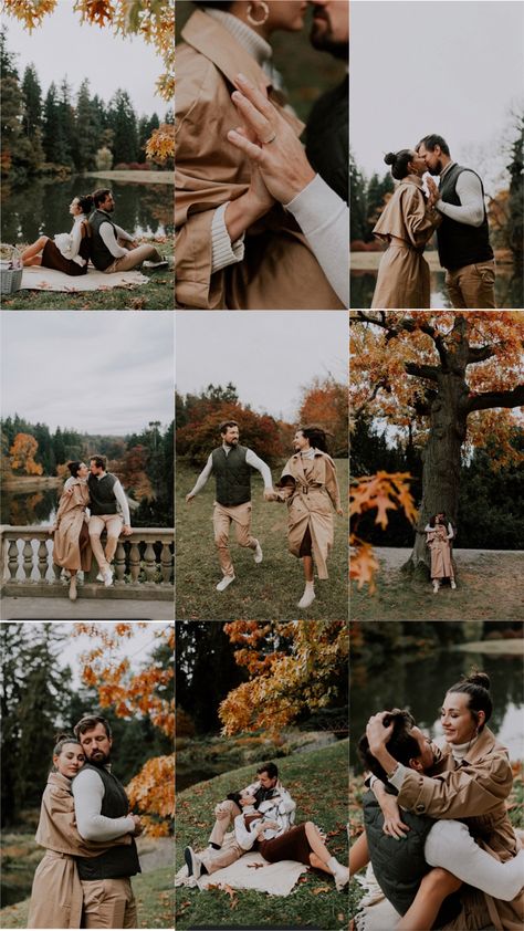 Fall Pre Wedding Photoshoot, Autumn Outfits Couple, Fall Romantic Photoshoot, Couples Photoshoot In Nature, Autumn Pre Wedding Photoshoot, Fall Prewedding Photoshoot, Couple Poses Autumn, Park Couple Photoshoot Ideas, Prewedding Photoshoot Outfit