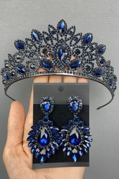 Navy Blue Bride Henna Crown and Earring Navy Blue Navy Blue Wedding Dress The Bride, Navy Blue Wedding Dresses, Royal Blue And Black Wedding Dress, Navy Blue Quince Dresses Quinceanera, Navy Blue And Silver Quinceanera Dresses, Dark Blue Quinceanera Dresses Navy, Navy Quinceanera, Midnight Blue Quinceanera, Navy Blue Quinceanera Dresses With Silver