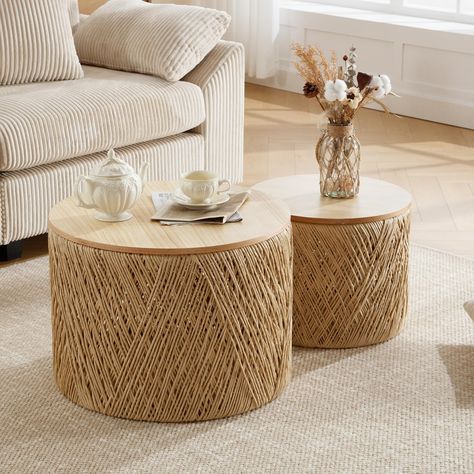 PRICES MAY VARY. [Coffee Tables] The nesting sets consists of one Coffee table (Φ 23.75 x H 17.25 inch) and one Side table (Ø 17.75 x H 14.75 inch) can be arranged in multiple ways. The nesting sets allows the smaller table to be tucked under the larger one.And these does not require assembly, you can use it immediately after unpacking. [High-Quality Materials] The woven rope is 100% handcrafted, each knot contains the craftsman's heart and wisdom. And it has a sturdy construction that provides Round Coffee Table With Storage, Drum End Table, Coffee Table Set Of 2, Living Room Furniture Tables, Nesting Coffee Table, Space Living Room, Table For Small Space, Stylish Coffee Table, Small Space Living Room