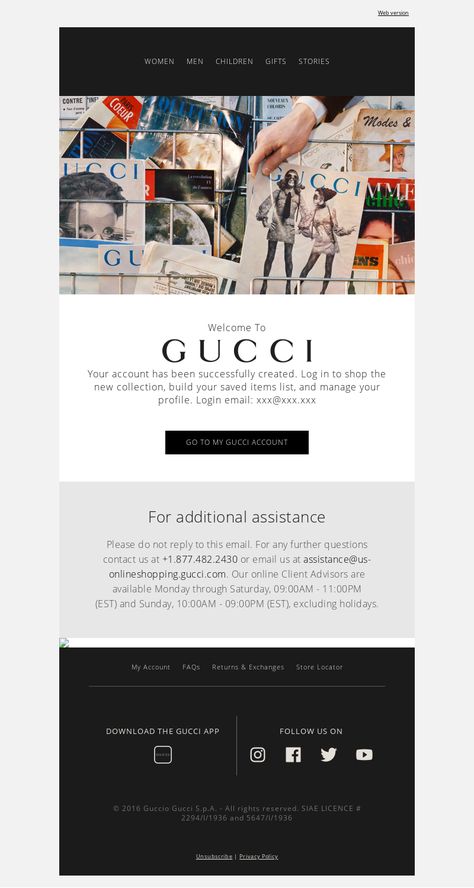 An awesome Welcome email example from Gucci USA. View 100+ more email templates and examples and get inspiration for your next email design with MailCharts! #EmailDesign #EmailMarketing #EmailInspiration #WelcomeEmail Welcome Email Template, Welcome Emails, Campaign Planning, Email Design Inspiration, Email Template, Email Design, Email Templates, Email Campaign, Saved Items