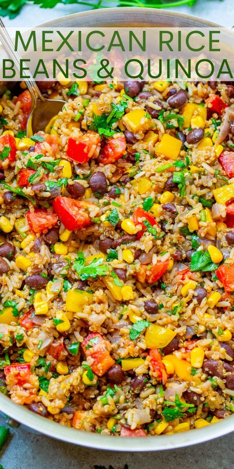 Mexican Rice, Beans, and Quinoa Medley - Averie Cooks Bean Medley Recipes, Mexican Rice Beans, Beans And Quinoa, Rice And Black Beans, Clean Eating Salads, Mexican Meals, Averie Cooks, Rice Beans, Mexican Rice