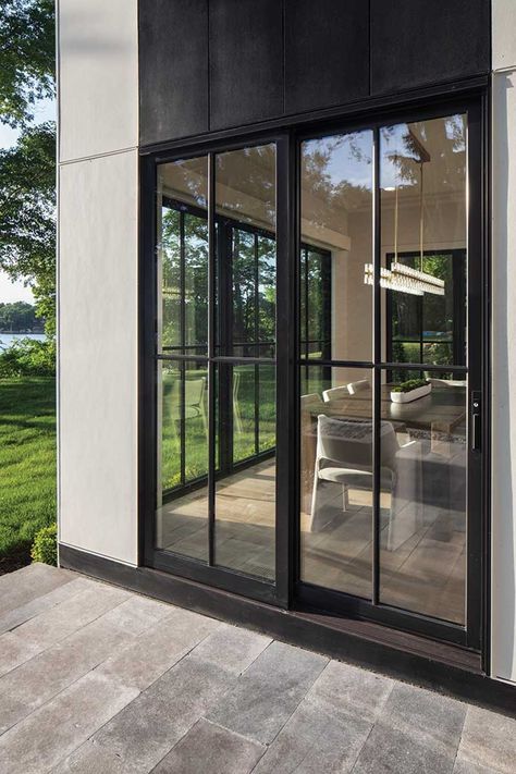 Sliding Doors To Deck, Sliding Doors Exterior Patio Sliders, Sliding Outside Doors, Sliding Doors Front Of House, Kitchen Doors To Outside Patio, Farmhouse Sliding Patio Doors, Modern Sliding Glass Doors Living Room, French Door Sliders Patio, Deck Sliding Doors